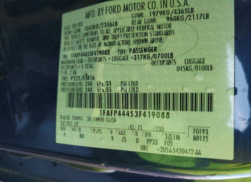 Photo 9 of 2003 Ford Mustang (VIN 1FAFP44453F419088)