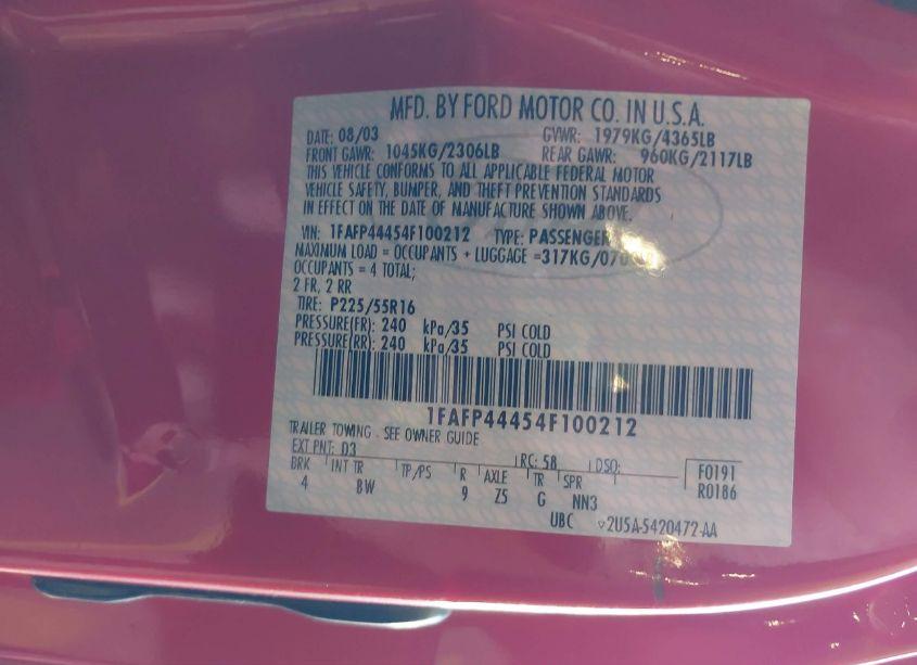 Photo 9 of 2004 Ford Mustang (VIN 1FAFP44454F100212)