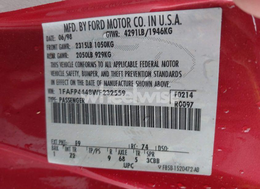 Photo 9 of 1998 Ford Mustang (VIN 1FAFP4448WF232559)