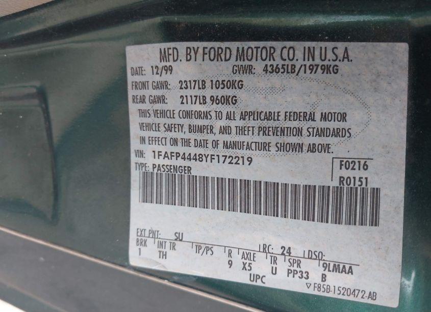 Photo 9 of 2000 Ford Mustang (VIN 1FAFP4448YF172219)