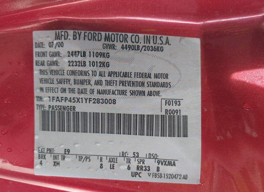 Photo 9 of 2000 Ford Mustang GT (VIN 1FAFP45X1YF283008)