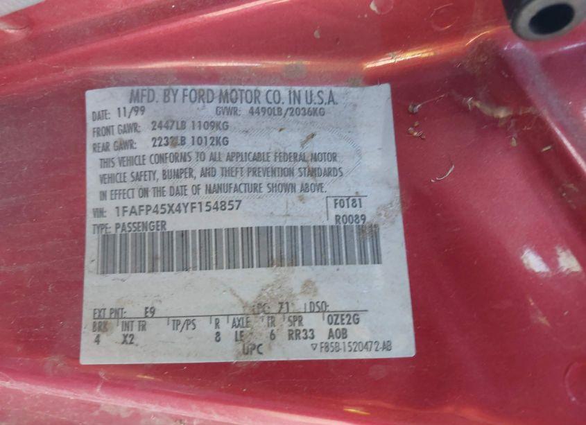 Photo 9 of 2000 Ford Mustang GT (VIN 1FAFP45X4YF154857)