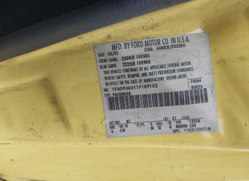 Photo 9 of 2001 Ford Mustang COBRA (VIN 1FAFP46V11F189102)