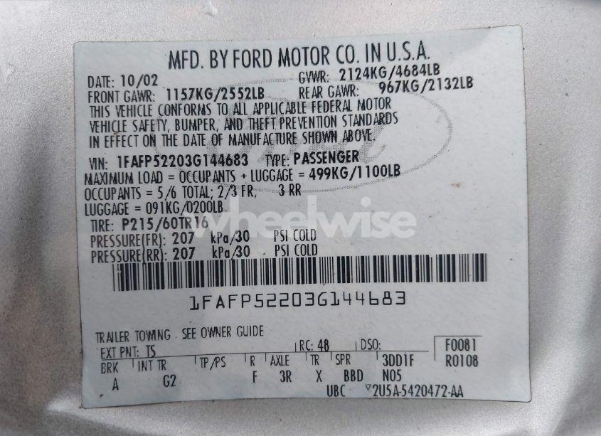 Photo 9 of 2003 Ford Taurus LX (VIN 1FAFP52203G144683)