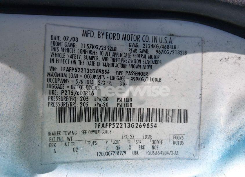 Photo 9 of 2003 Ford Taurus LX (VIN 1FAFP52213G269854)