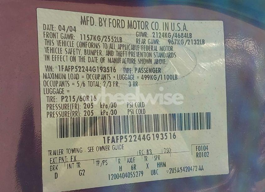 Photo 9 of 2004 Ford Taurus LX (VIN 1FAFP52244G193516)