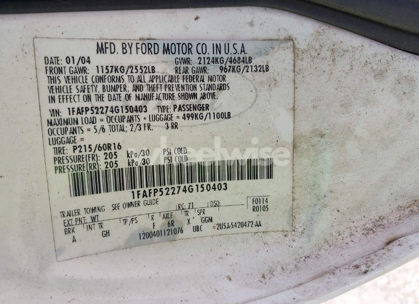 Photo 9 of 2004 Ford Taurus LX (VIN 1FAFP52274G150403)