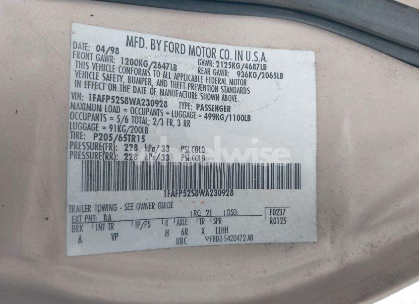 Photo 9 of 1998 Ford Taurus LX/SE (VIN 1FAFP52S8WA230928)