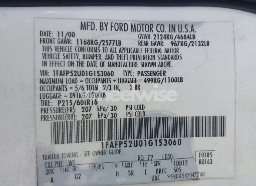 Photo 9 of 2001 Ford Taurus LX (VIN 1FAFP52U01G153060)