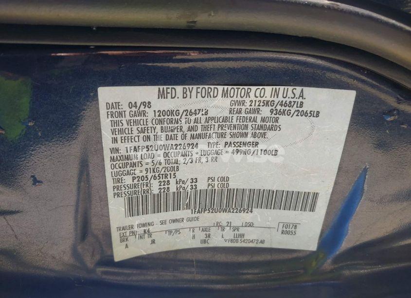 Photo 9 of 1998 Ford Taurus LX/SE (VIN 1FAFP52U0WA226924)