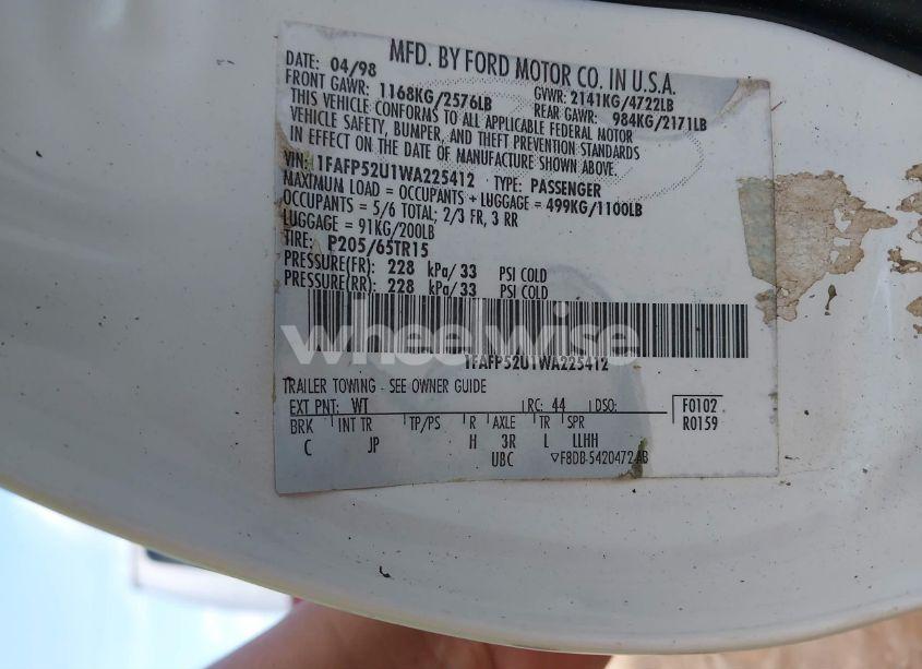 Photo 9 of 1998 Ford Taurus LX/SE (VIN 1FAFP52U1WA225412)