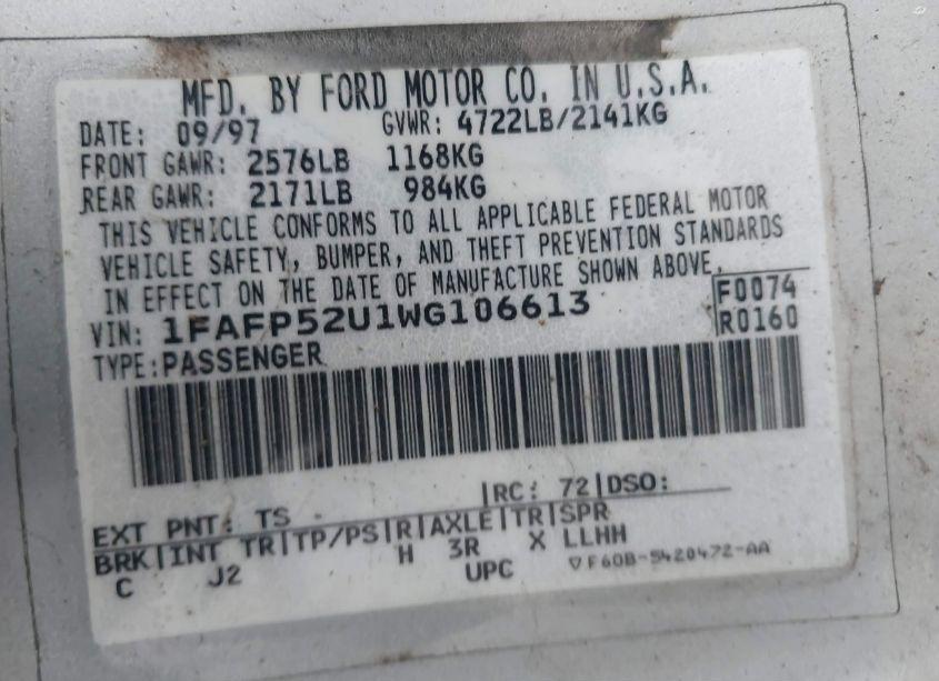 Photo 9 of 1998 Ford Taurus LX/SE (VIN 1FAFP52U1WG106613)