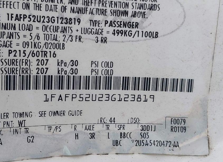 Photo 9 of 2003 Ford Taurus LX (VIN 1FAFP52U23G123819)