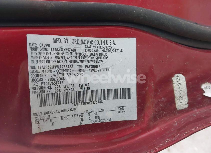 Photo 9 of 1998 Ford Taurus LX/SE (VIN 1FAFP52U3WA275468)