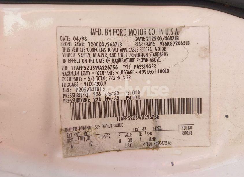 Photo 9 of 1998 Ford Taurus LX/SE (VIN 1FAFP52U5WA226756)