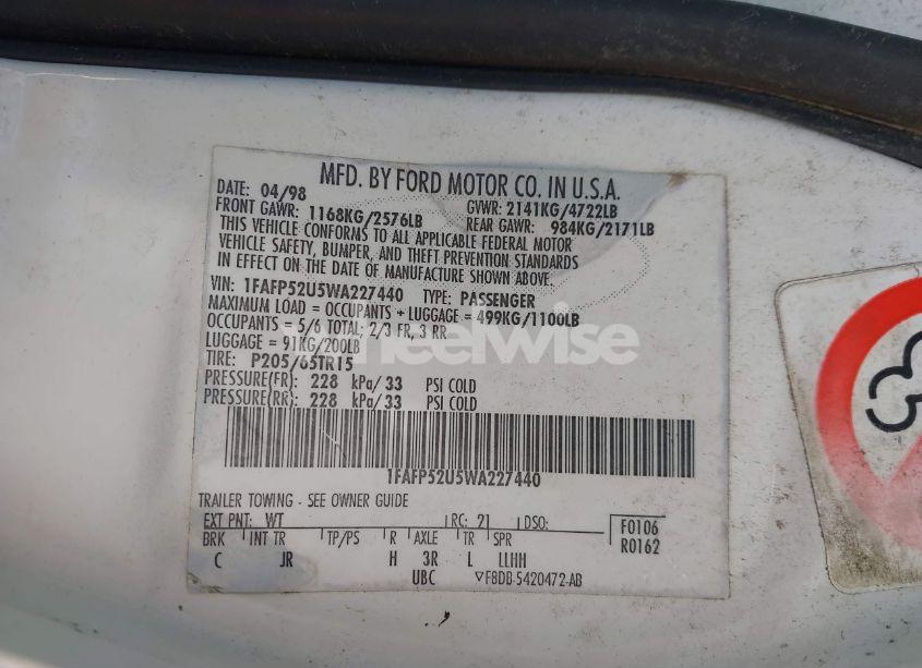 Photo 9 of 1998 Ford Taurus LX/SE (VIN 1FAFP52U5WA227440)