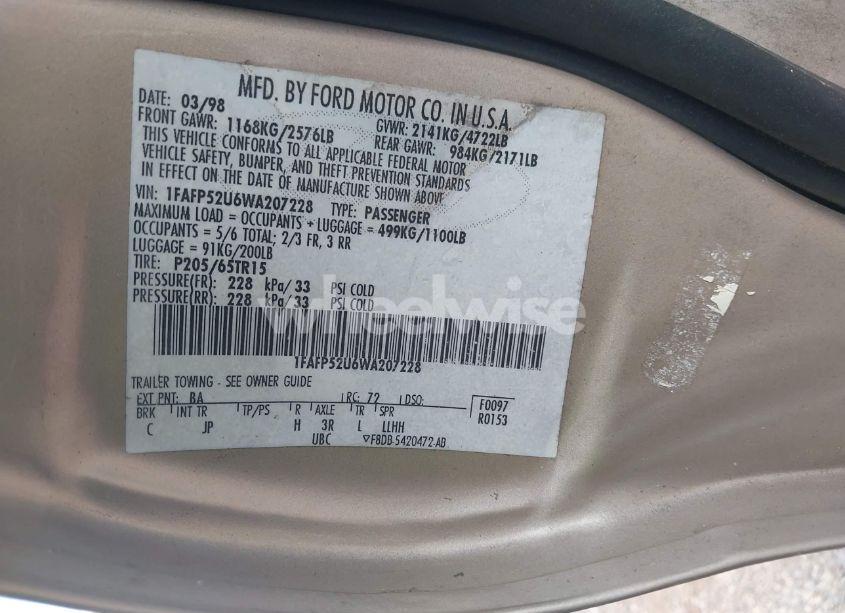 Photo 9 of 1998 Ford Taurus LX/SE (VIN 1FAFP52U6WA207228)