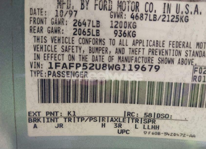 Photo 9 of 1998 Ford Taurus LX/SE (VIN 1FAFP52U8WG119679)