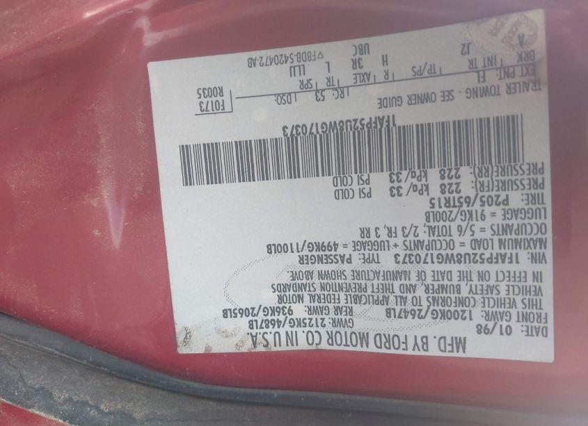 Photo 9 of 1998 Ford Taurus LX/SE (VIN 1FAFP52U8WG170373)