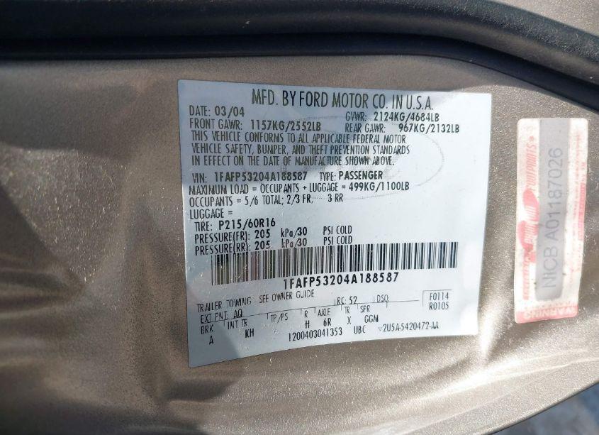 Photo 9 of 2004 Ford Taurus SE (VIN 1FAFP53204A188587)