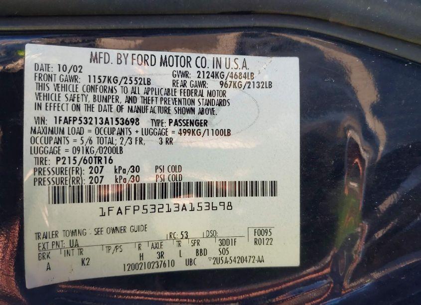 Photo 9 of 2003 Ford Taurus SE (VIN 1FAFP53213A153698)