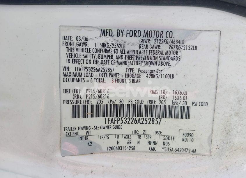 Photo 9 of 2006 Ford Taurus SE (VIN 1FAFP53226A252857)