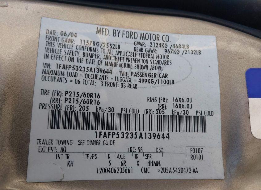 Photo 9 of 2005 Ford Taurus SE (VIN 1FAFP53235A139644)