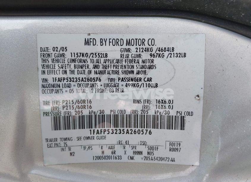 Photo 9 of 2005 Ford Taurus SE (VIN 1FAFP53235A260576)