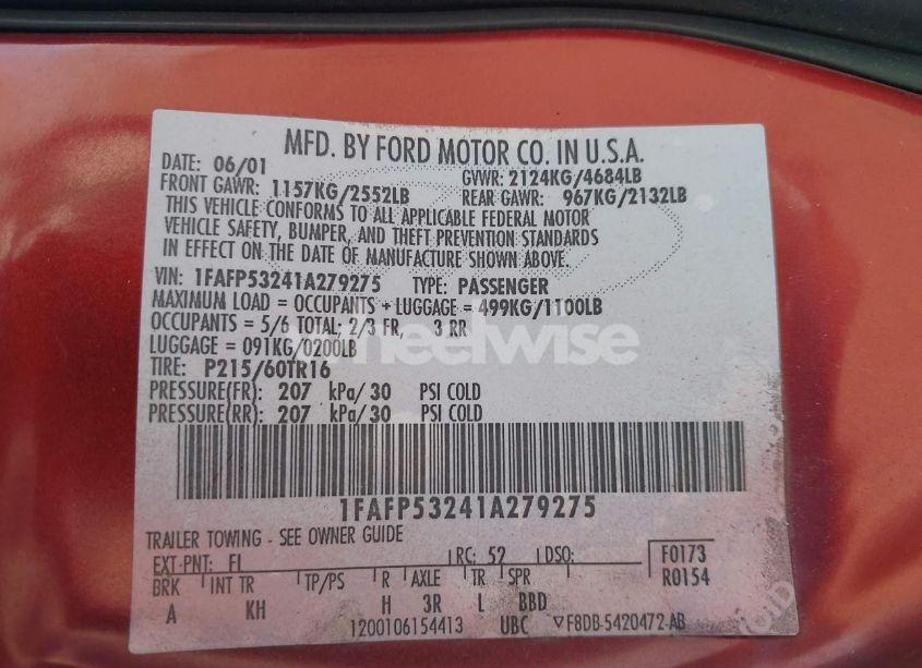 Photo 9 of 2001 Ford Taurus SE (VIN 1FAFP53241A279275)