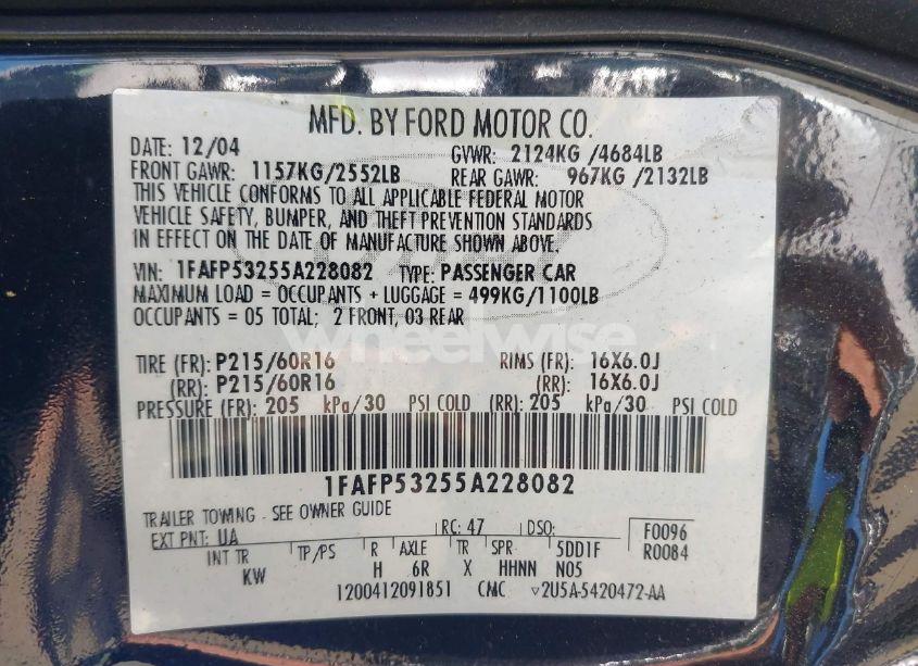 Photo 9 of 2005 Ford Taurus SE (VIN 1FAFP53255A228082)