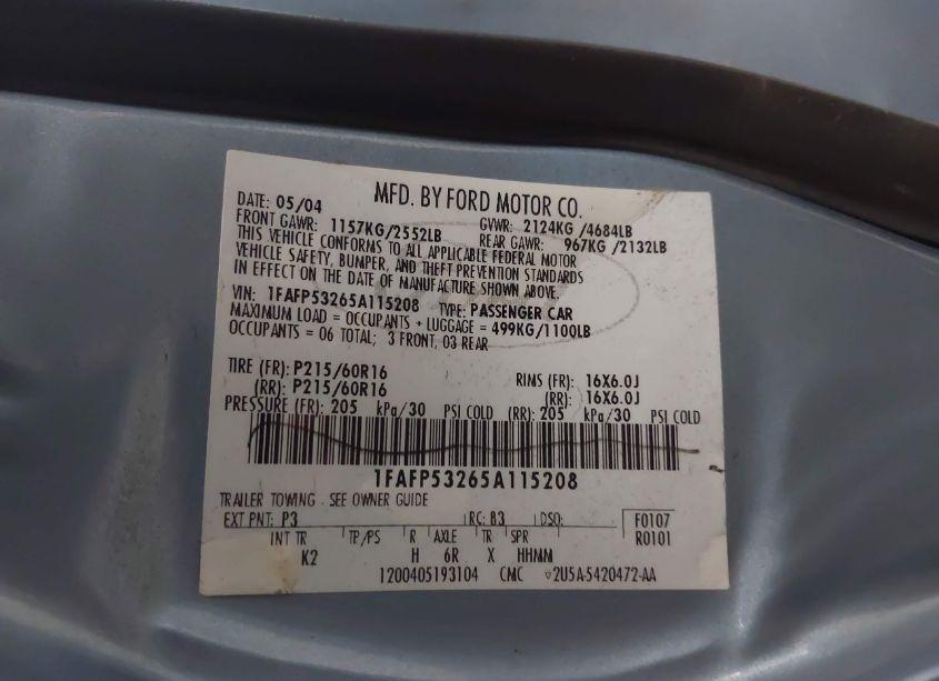 Photo 9 of 2005 Ford Taurus SE (VIN 1FAFP53265A115208)