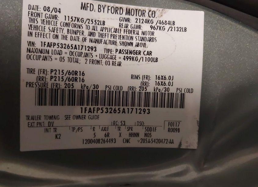 Photo 9 of 2005 Ford Taurus SE (VIN 1FAFP53265A171293)