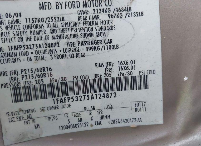 Photo 9 of 2005 Ford Taurus SE (VIN 1FAFP53275A124872)