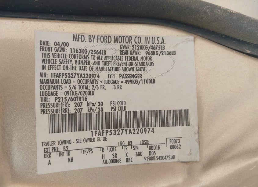 Photo 9 of 2000 Ford Taurus SE (VIN 1FAFP5327YA220974)