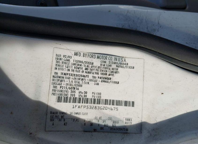 Photo 9 of 2003 Ford Taurus SE (VIN 1FAFP53283G204675)