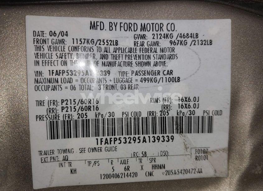 Photo 9 of 2005 Ford Taurus SE (VIN 1FAFP53295A139339)