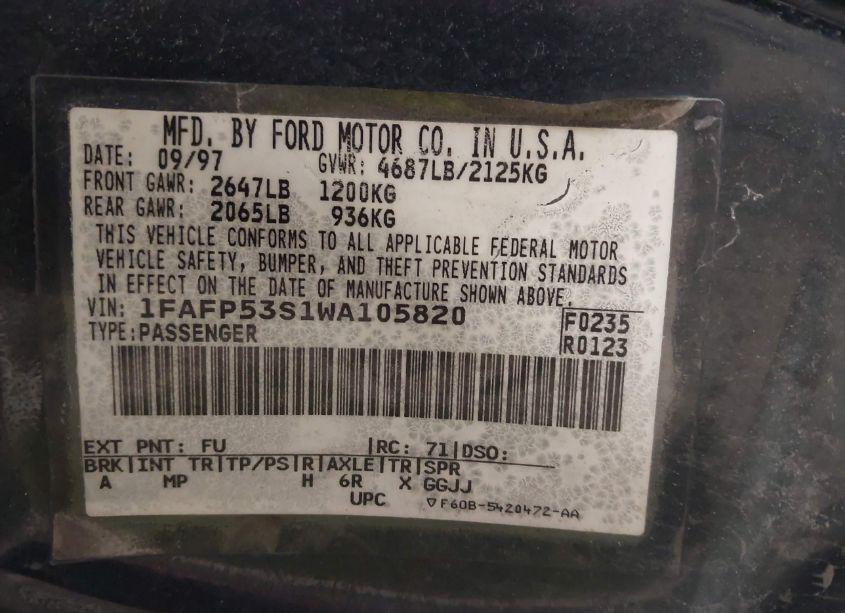Photo 9 of 1998 Ford Taurus SE COMFORT (VIN 1FAFP53S1WA105820)