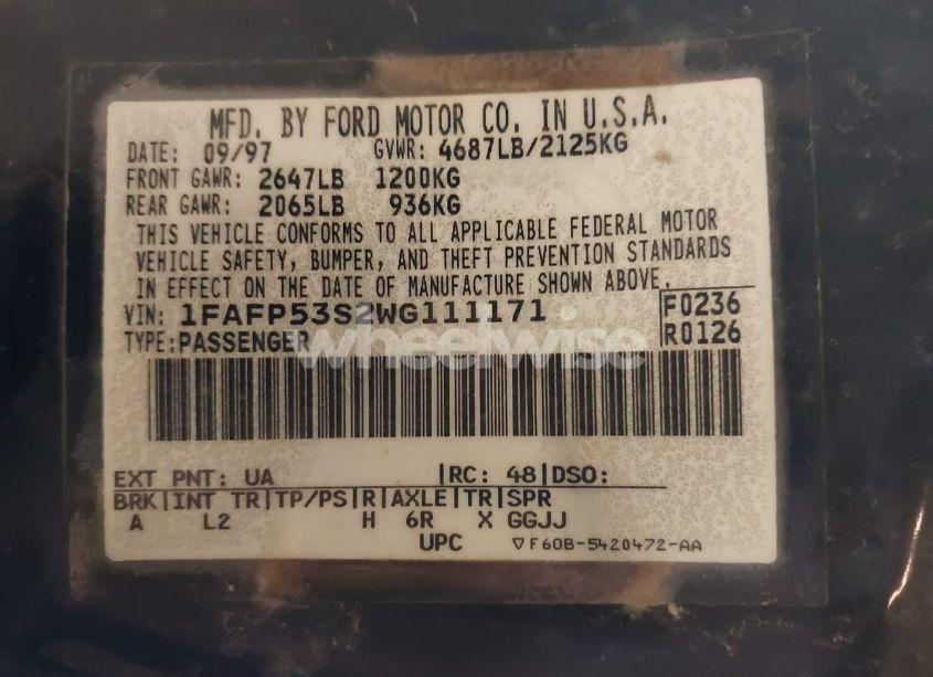 Photo 9 of 1998 Ford Taurus SE COMFORT (VIN 1FAFP53S2WG111171)