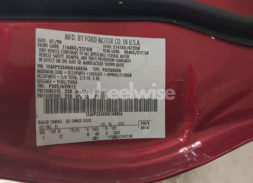 Photo 9 of 1998 Ford Taurus SE COMFORT (VIN 1FAFP53S4WA168846)