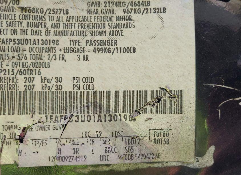 Photo 9 of 2001 Ford Taurus SE (VIN 1FAFP53U01A130198)