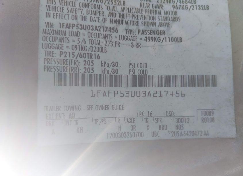 Photo 9 of 2003 Ford Taurus SE (VIN 1FAFP53U03A217456)