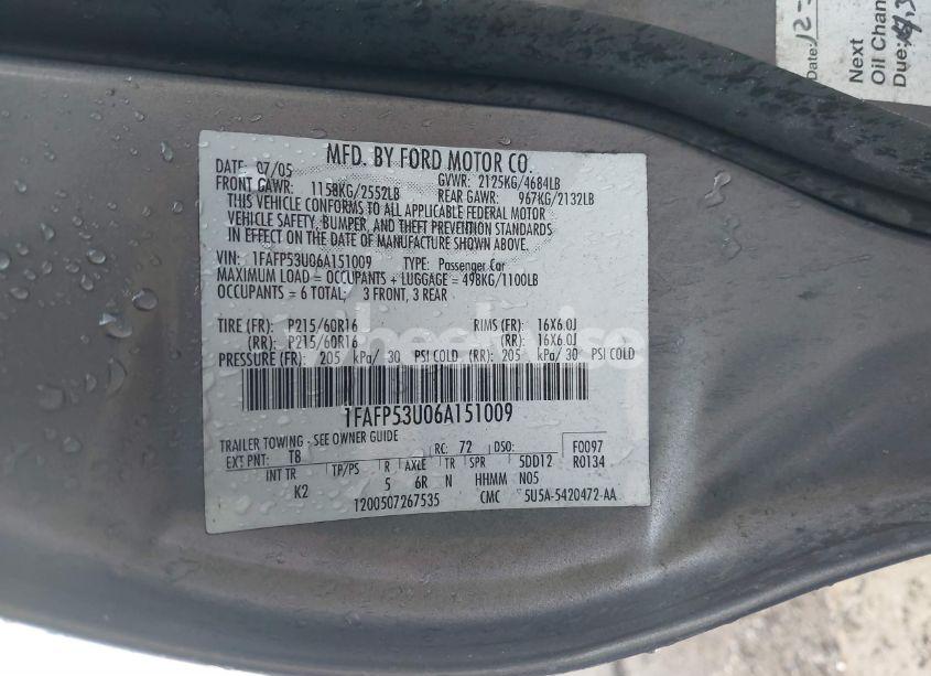 Photo 9 of 2006 Ford Taurus SE (VIN 1FAFP53U06A151009)