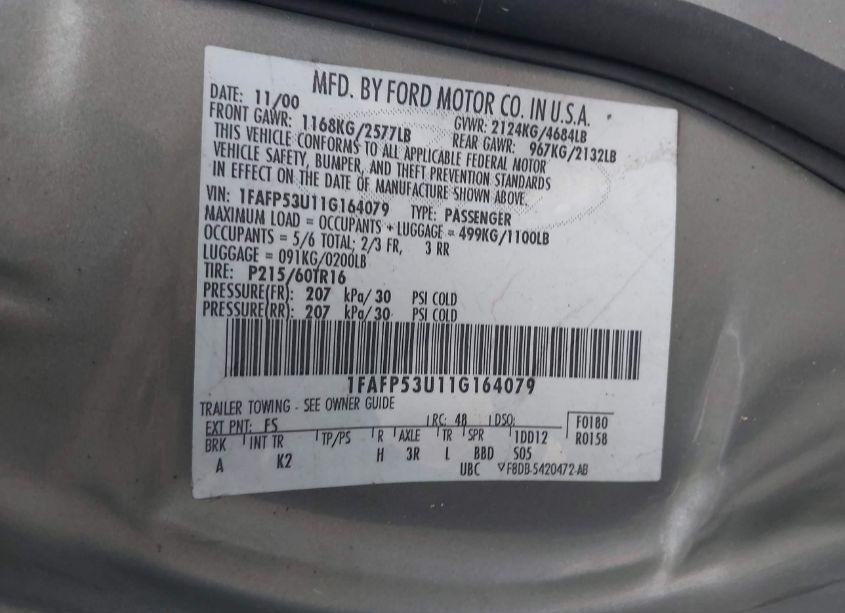 Photo 9 of 2001 Ford Taurus SE (VIN 1FAFP53U11G164079)