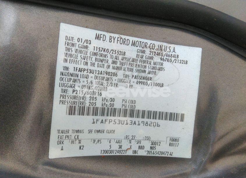 Photo 9 of 2003 Ford Taurus SE (VIN 1FAFP53U13A198206)