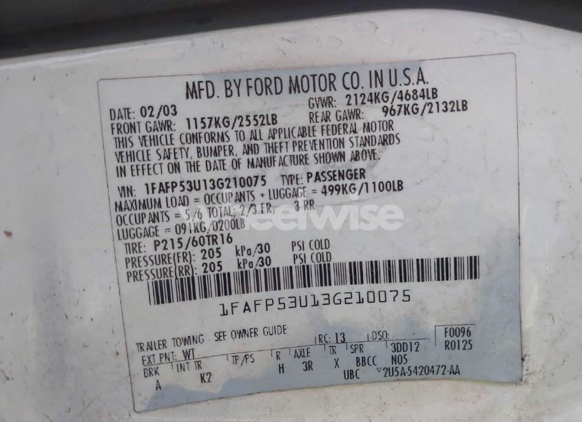 Photo 9 of 2003 Ford Taurus SE (VIN 1FAFP53U13G210075)