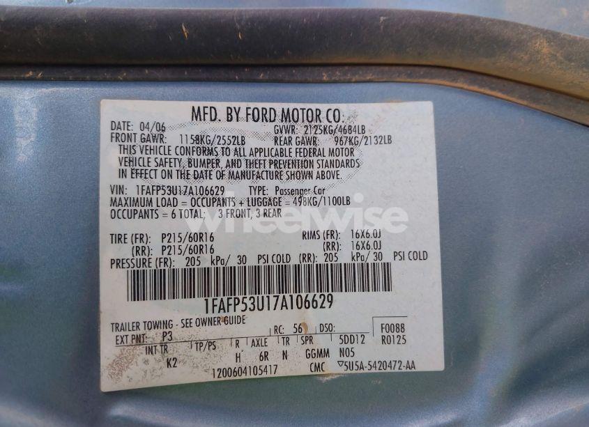 Photo 9 of 2007 Ford Taurus SE (VIN 1FAFP53U17A106629)