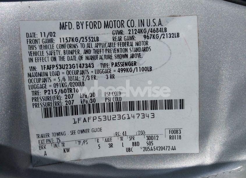 Photo 9 of 2003 Ford Taurus SE (VIN 1FAFP53U23G147343)