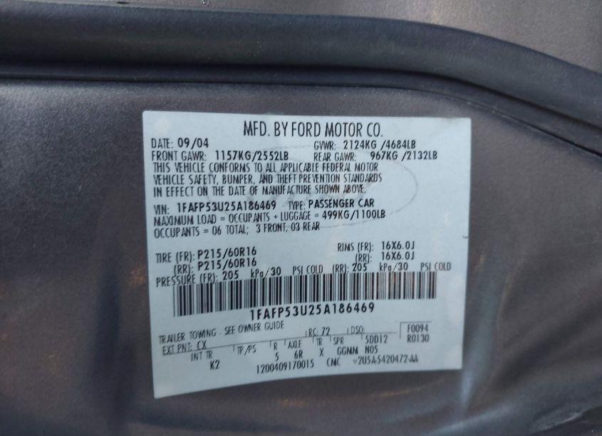 Photo 9 of 2005 Ford Taurus SE (VIN 1FAFP53U25A186469)