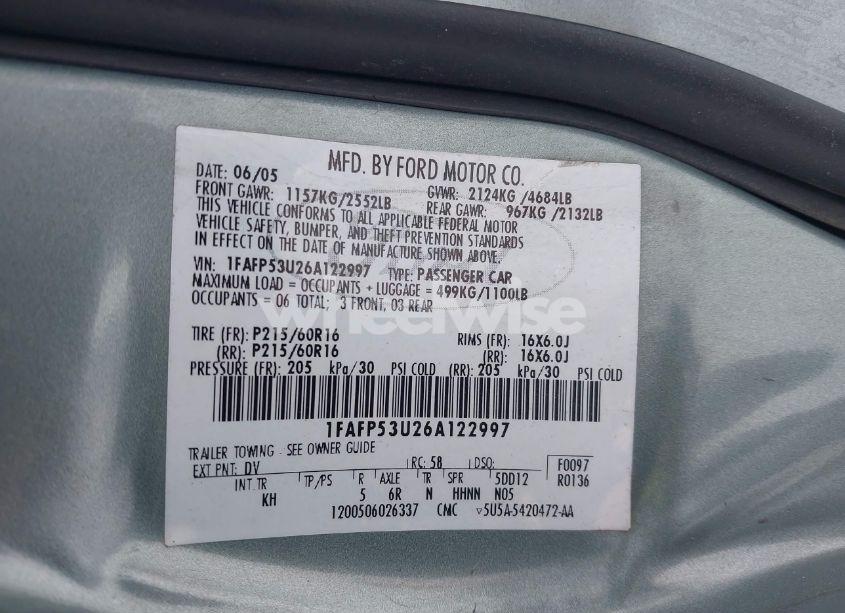 Photo 9 of 2006 Ford Taurus SE (VIN 1FAFP53U26A122997)