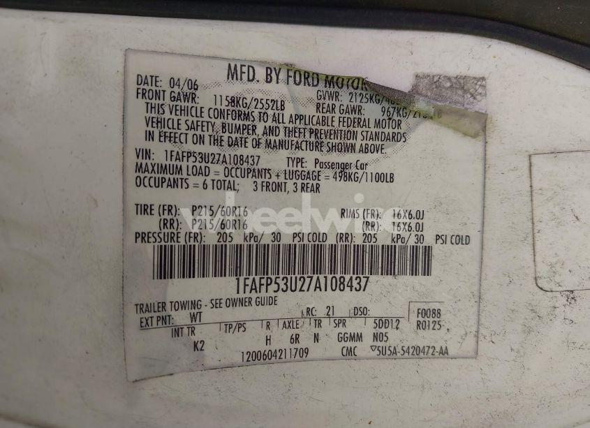 Photo 9 of 2007 Ford Taurus SE (VIN 1FAFP53U27A108437)